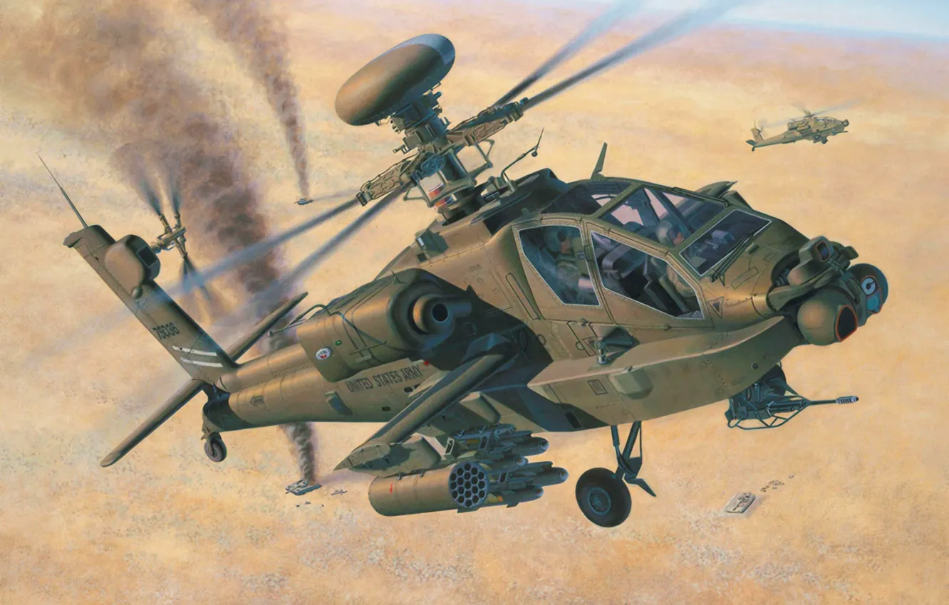 Photo wallpaper war, art, airplane, helicopter, painting, AH-64D Longbow Apache
