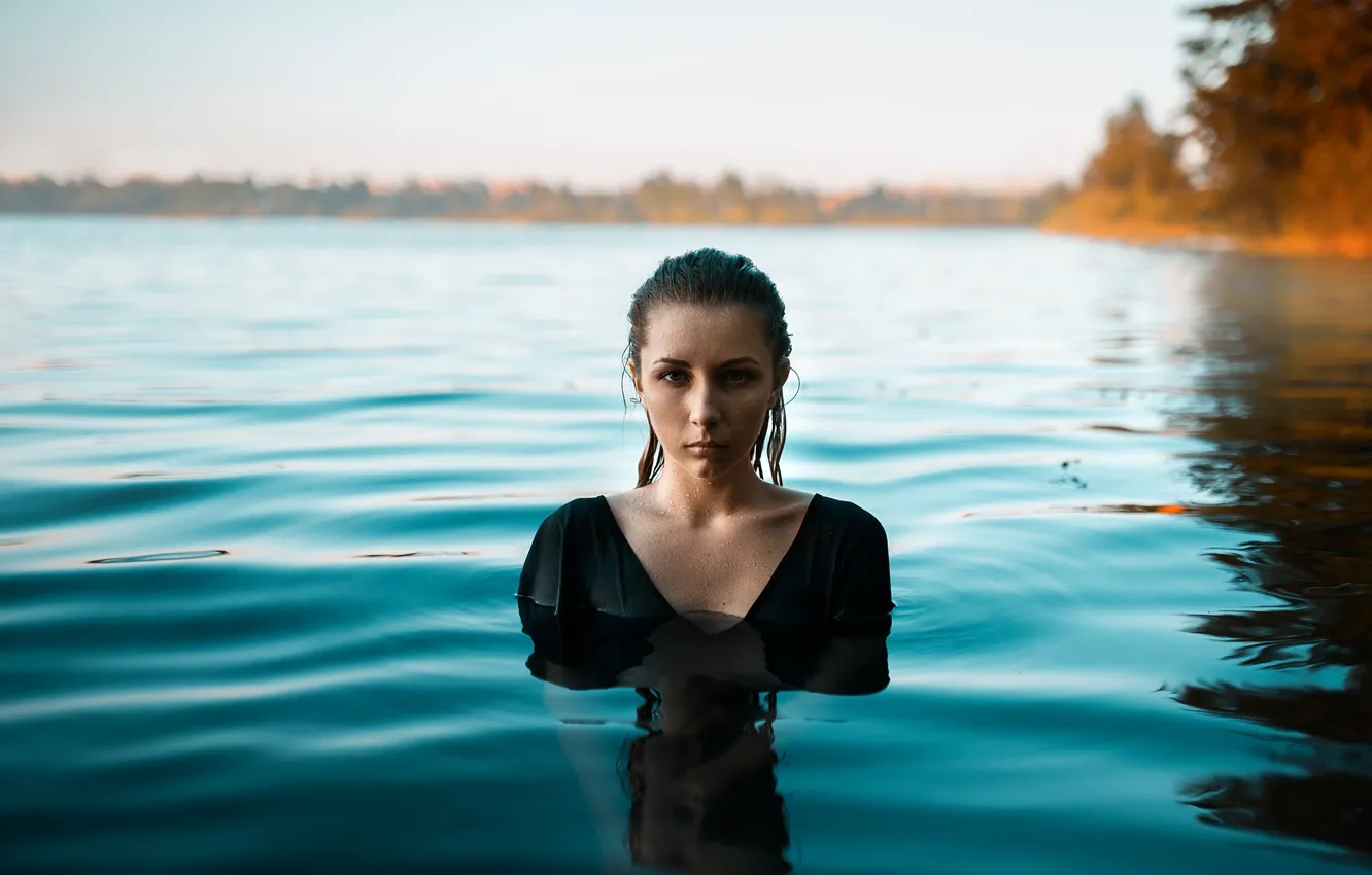 Photo wallpaper girl, wet, long hair, photo, photographer, water, lake, model