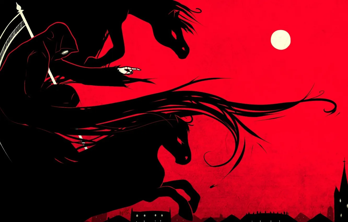 Photo wallpaper the city, death, the moon, horses, art, braid, hunting, red background