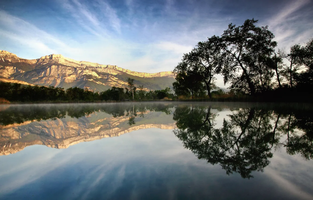 Photo wallpaper clouds, trees, mountains, lake, reflection