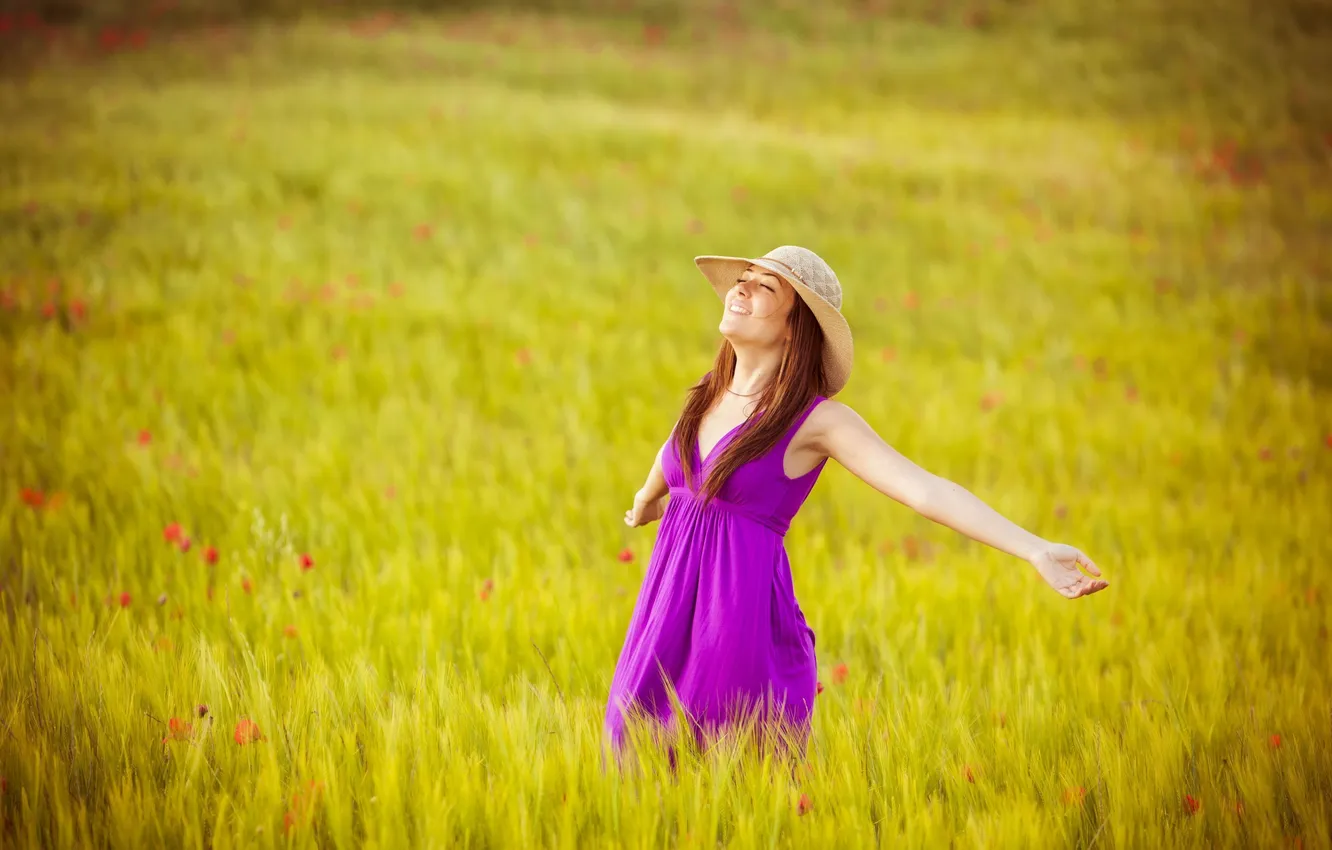 Photo wallpaper field, freedom, girl, joy, happiness, flowers, nature, smile