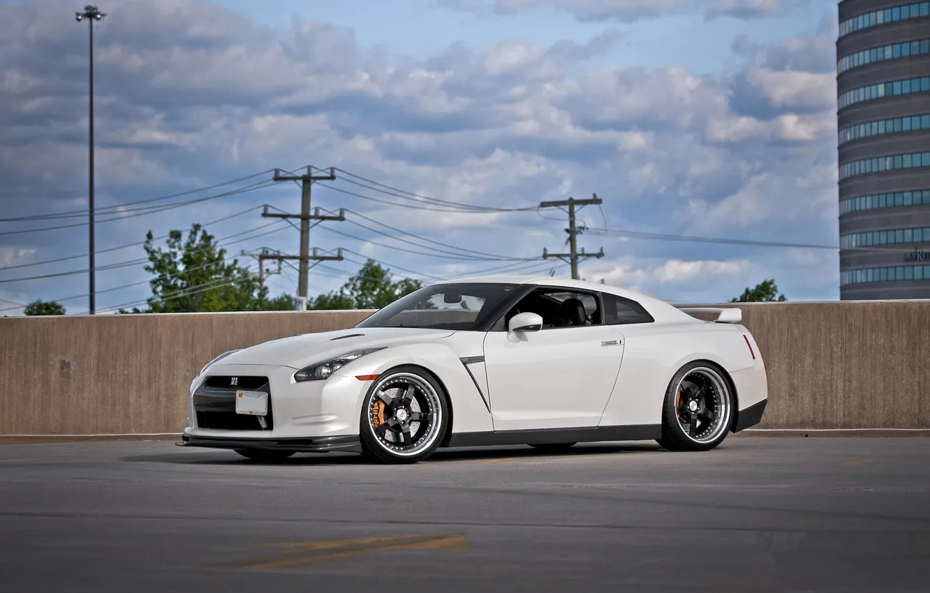 Photo wallpaper white, posts, the building, nissan, white, wheels, drives, Nissan