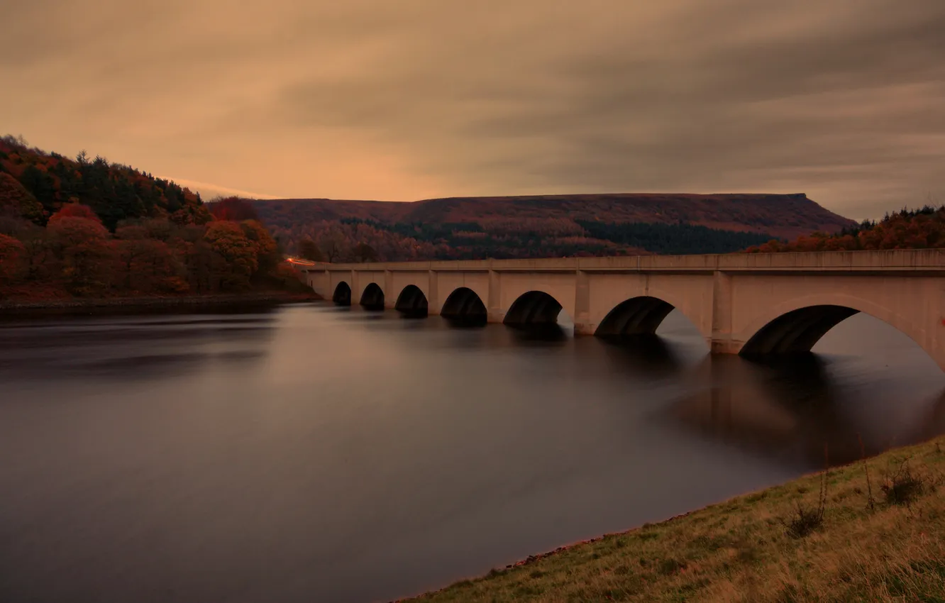 Photo wallpaper autumn, trees, bridge, river, hills, arch