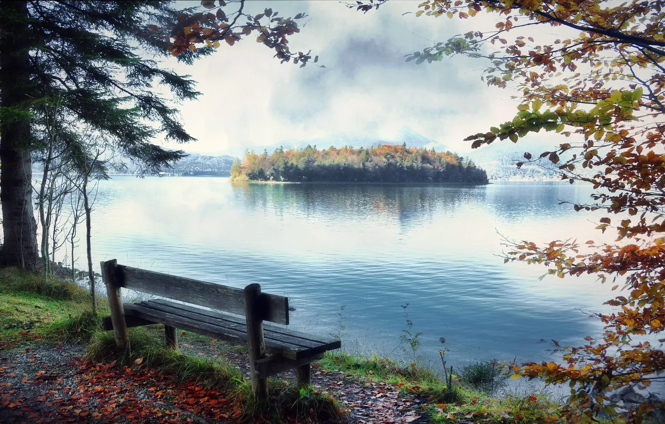 Photo wallpaper autumn, lake, bench