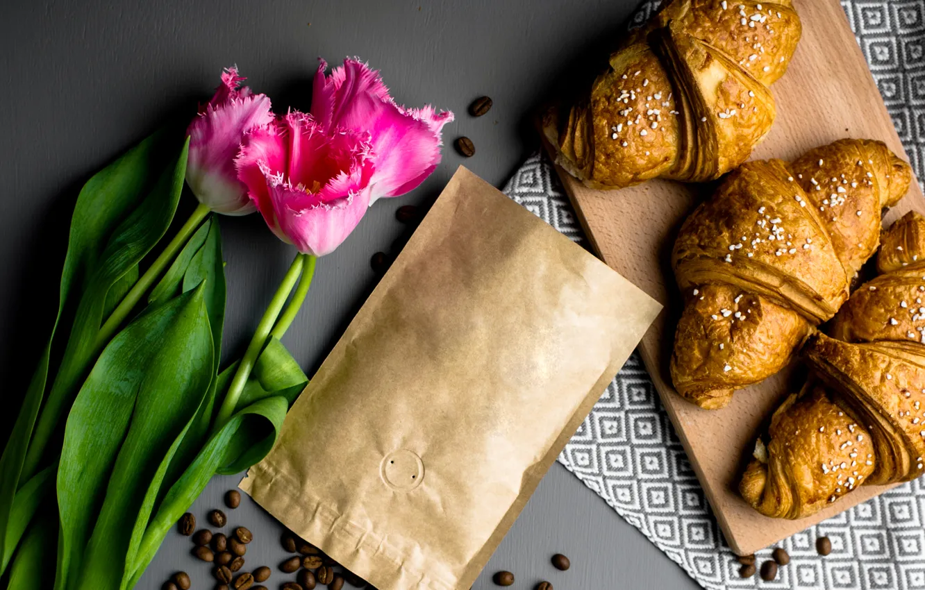 Photo wallpaper flowers, coffee, tulips, pink, pink, tulips, beans, coffee