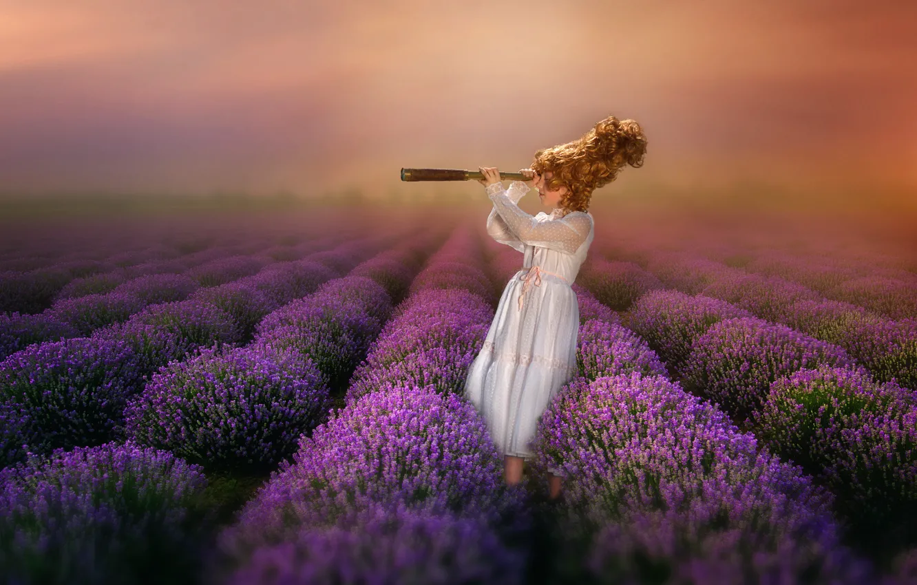 Photo wallpaper girl, spyglass, lavender