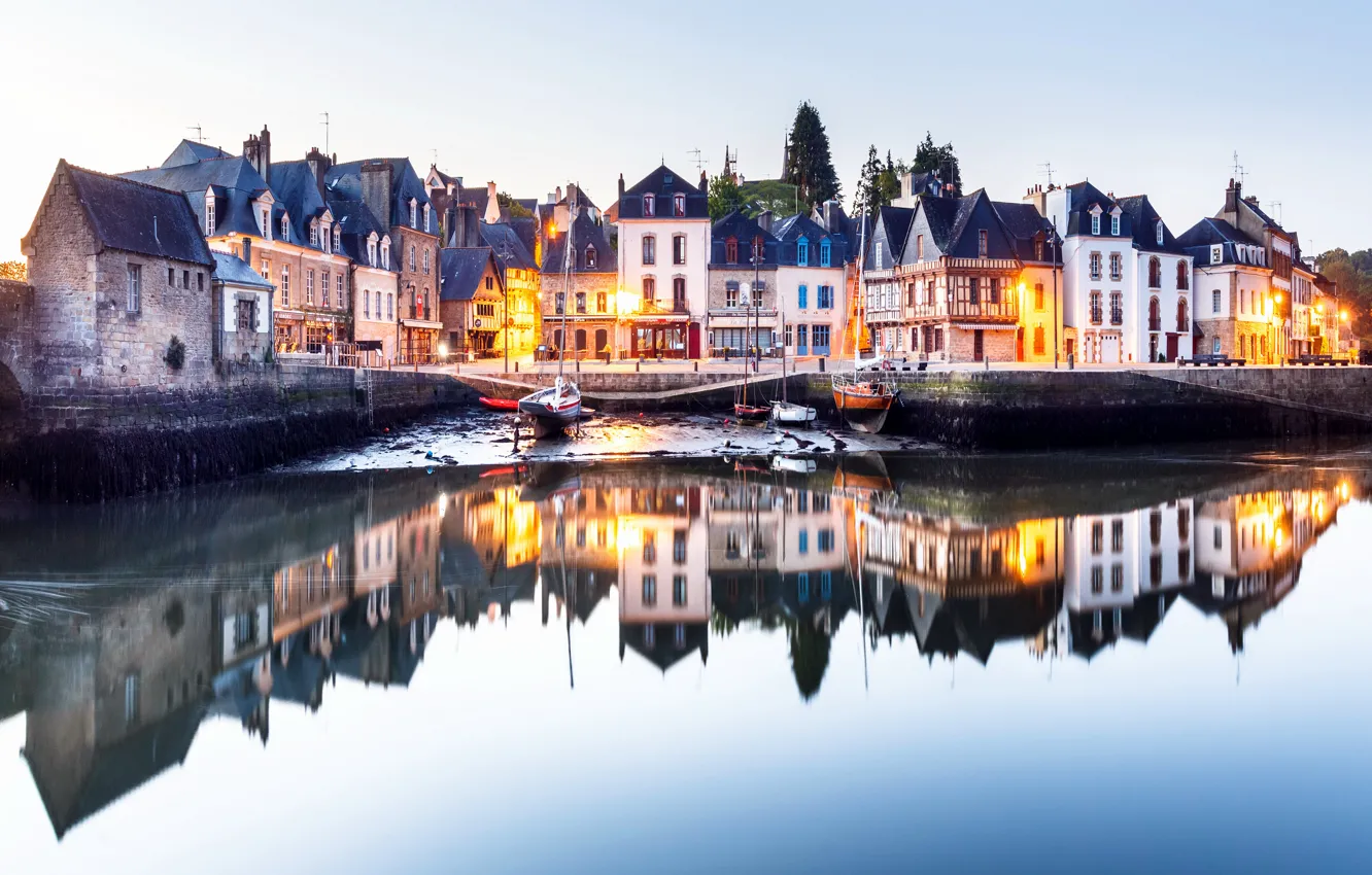 Photo wallpaper water, lights, reflection, river, boat, France, home, the evening
