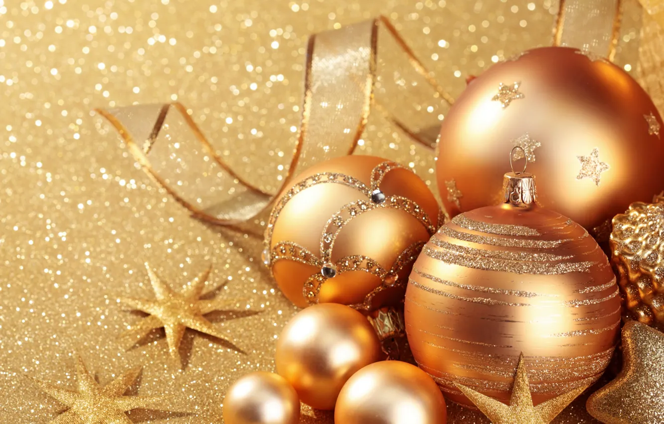 Photo wallpaper decoration, gold, balls, New Year, Christmas, golden, Christmas, balls