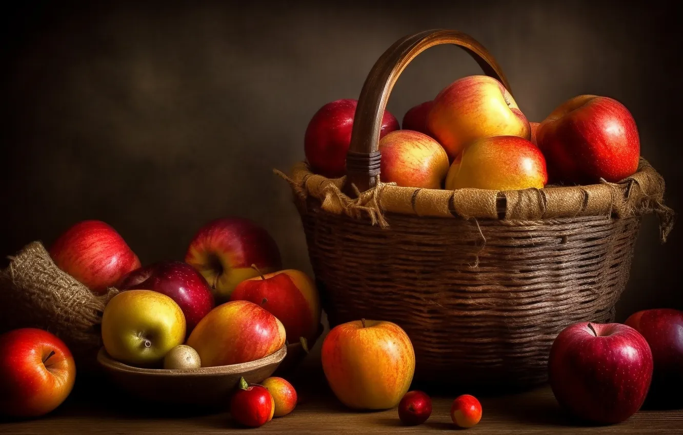 Photo wallpaper yellow, red, the dark background, table, harvest, bowl, fruit, placer