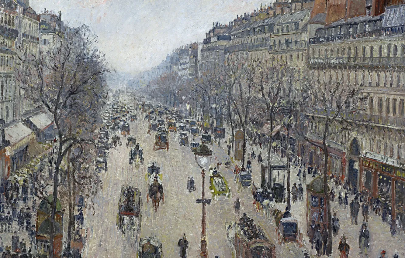 Photo wallpaper street, home, picture, the urban landscape, Camille Pissarro, The Boulevard Montmartre. Morning. Overcast