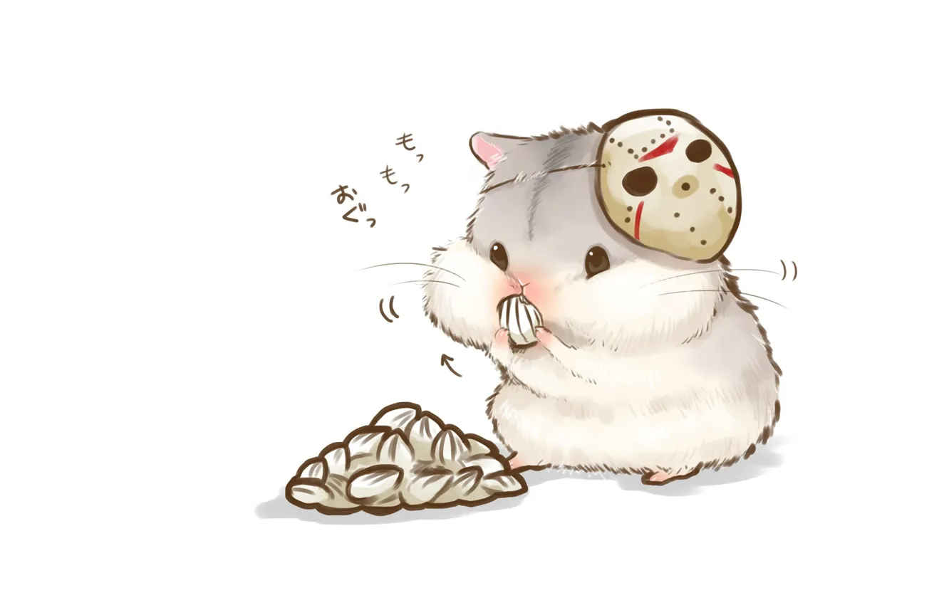 Photo wallpaper mask, white background, seeds, nibbles, cheeks, hamster, pitannya
