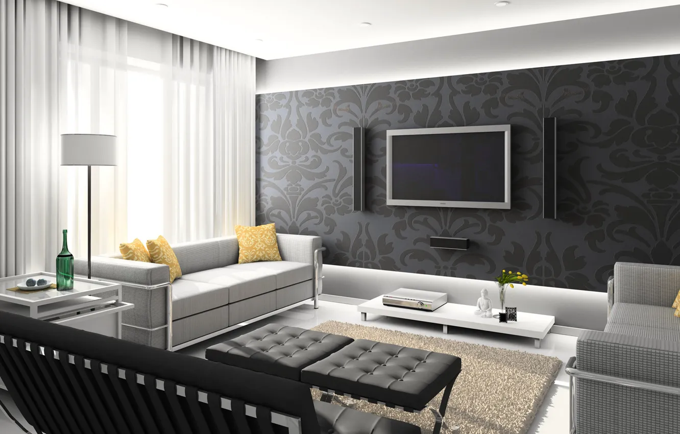 Photo wallpaper white, table, grey, room, sofa, black, interior, TV