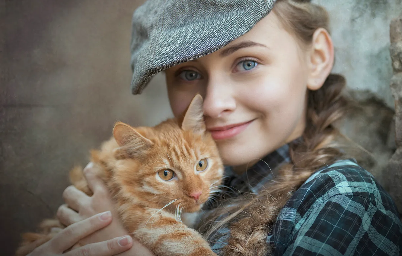 Photo wallpaper cat, cat, girl, smile, each, portrait, girl, braid