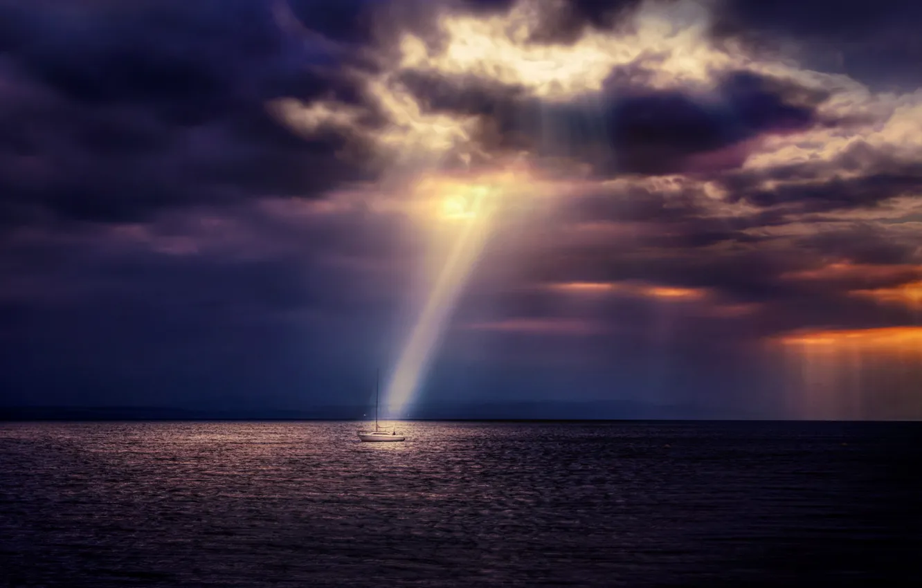 Photo wallpaper sea, the sky, clouds, overcast, yacht, twilight, the rays of the sun