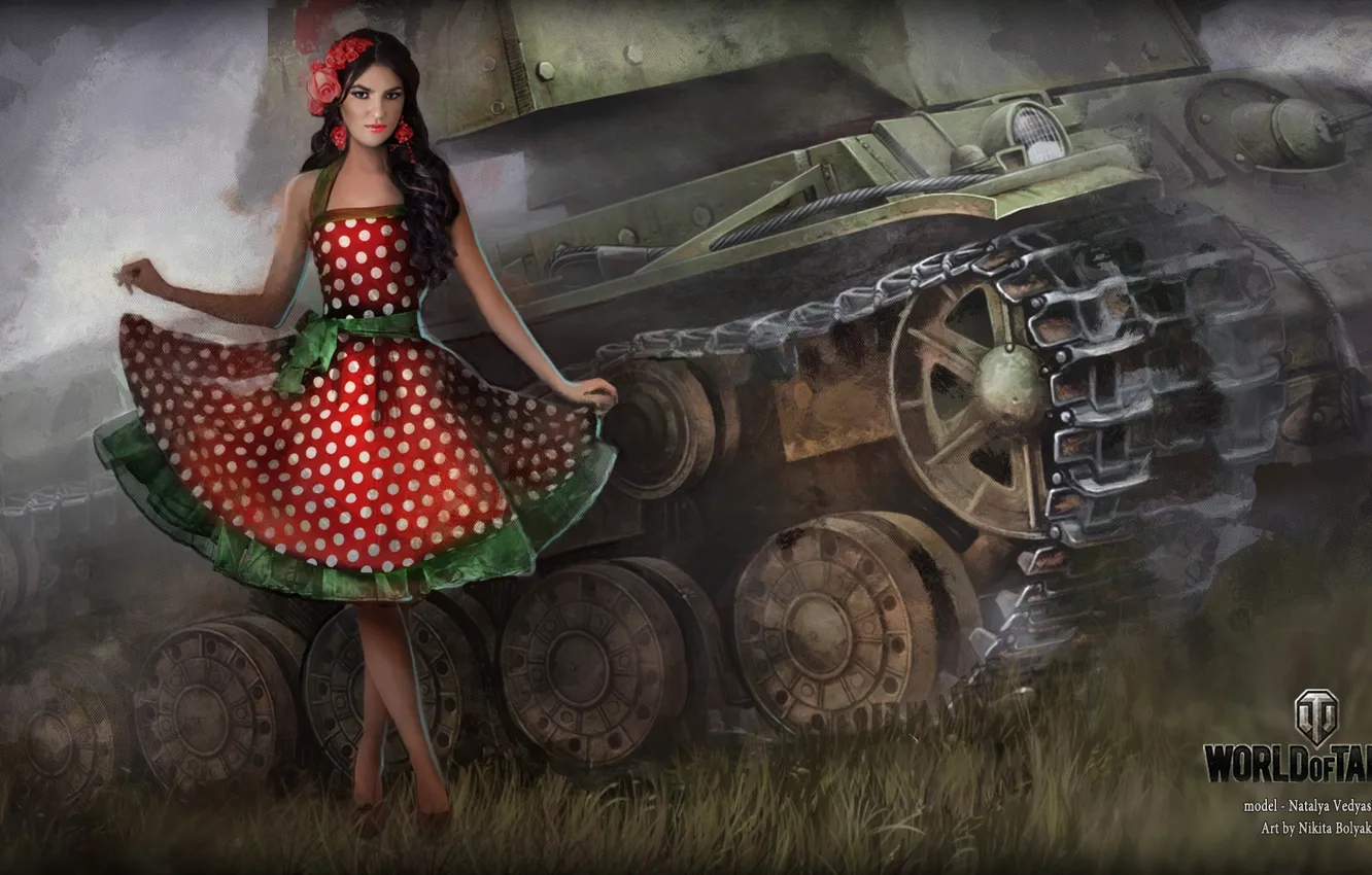 Photo wallpaper girl, dress, tank, girl, tanks, WoT, World of tanks, tank