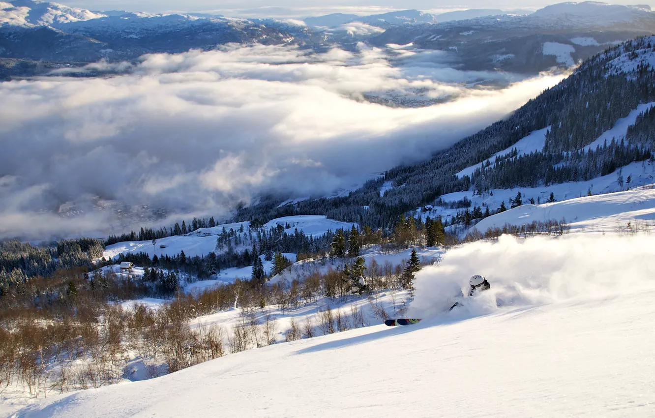 Photo wallpaper winter, snow, mountains, fog, the descent, Norway, skier, the ski resort of Voss