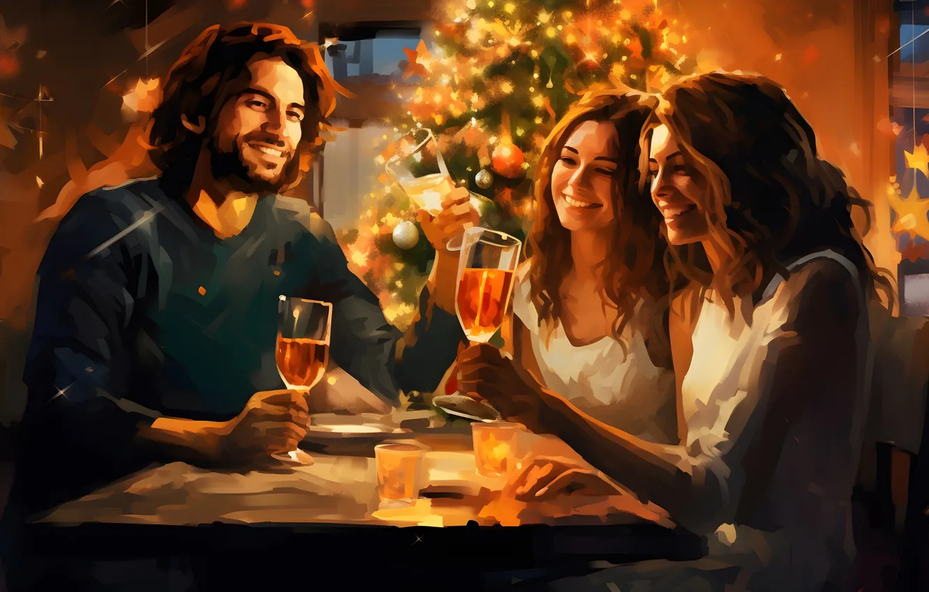 Photo wallpaper girl, smile, glass, tree, new year, Christmas, male, three
