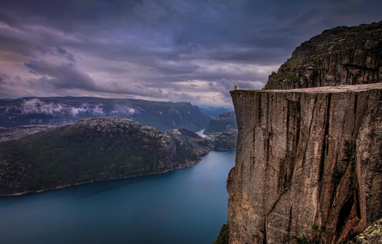 Photo wallpaper landscape, nature, rock, river, Norway, rain, norway, fjord