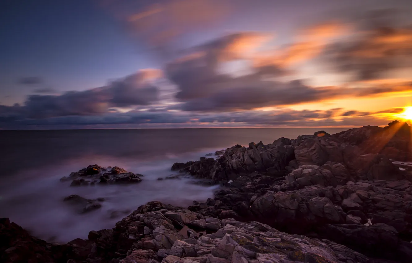 Photo wallpaper beach, the ocean, rocks, dawn