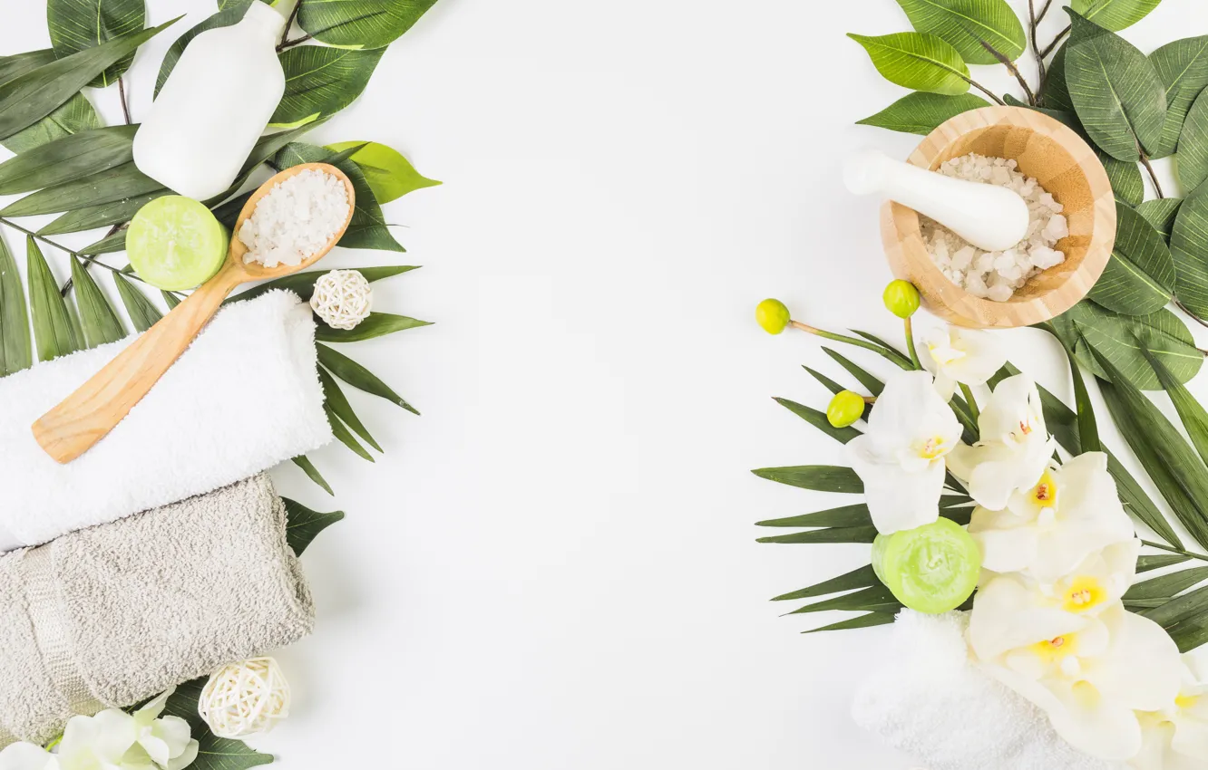Photo wallpaper leaves, flowers, branches, towel, candles, spoon, white background, white