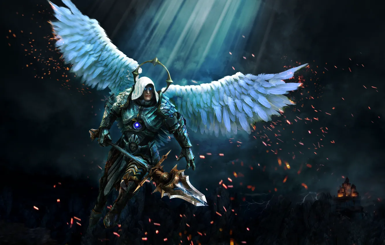 Photo wallpaper Night, Castle, Armor, Angel, Feathers, Rays, The storm, Wings