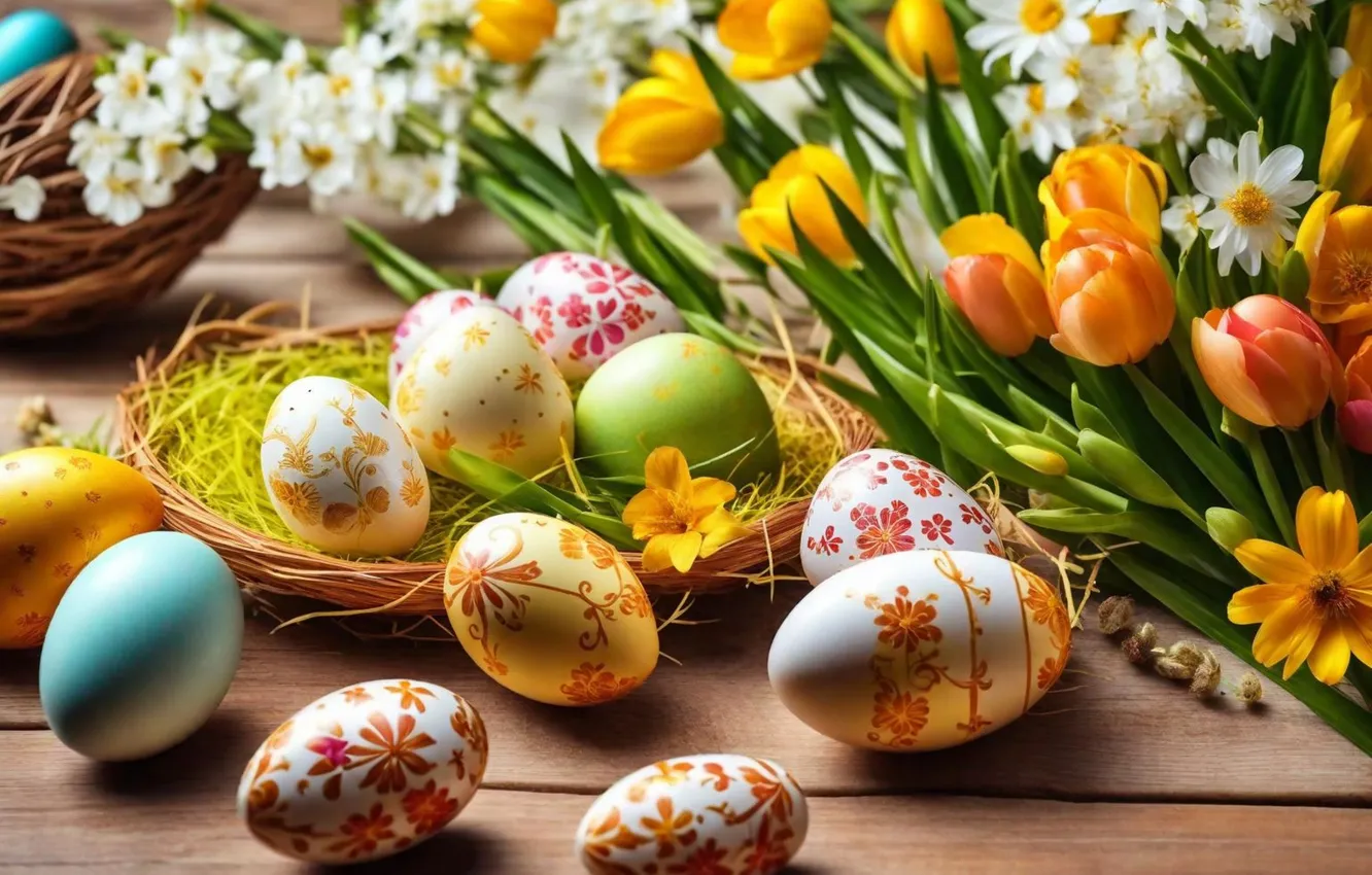 Photo wallpaper flowers, eggs, spring, colorful, Easter, flowers, spring, Easter