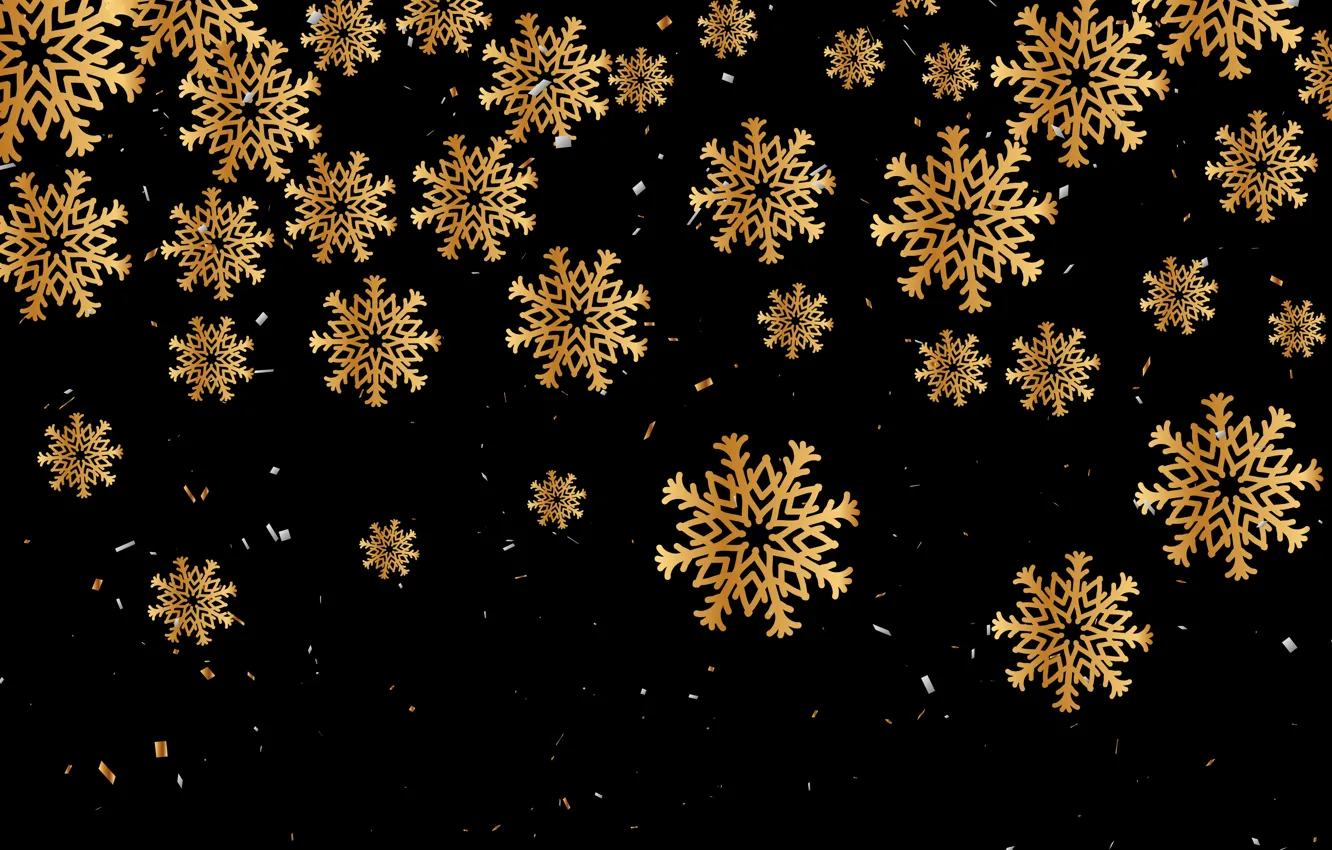 Photo wallpaper decoration, snowflakes, gold, Christmas, New year, golden, christmas, black background