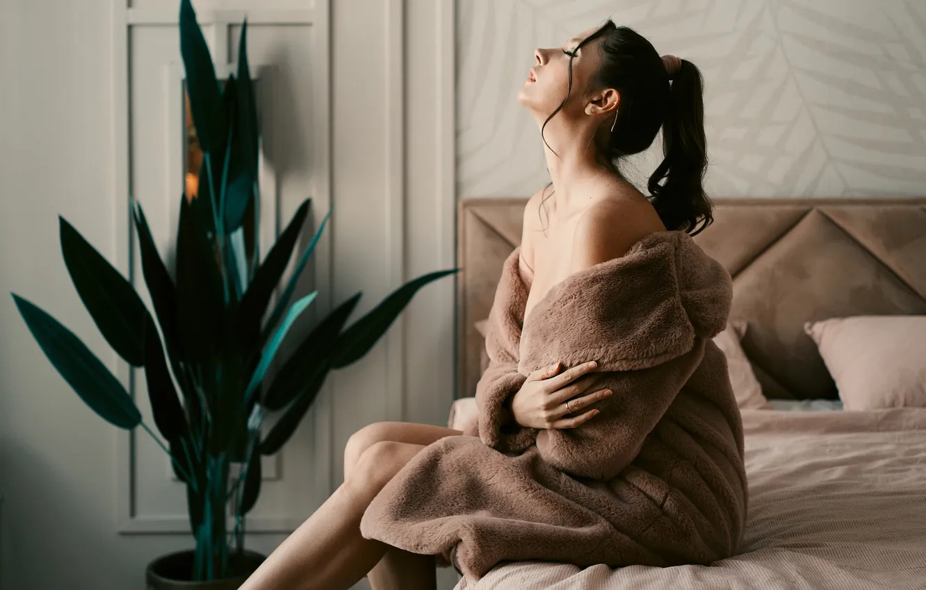 Photo wallpaper girl, pose, bed, coat, shoulders, closed eyes, Disha Shemetova, Vladimir Stefanovic