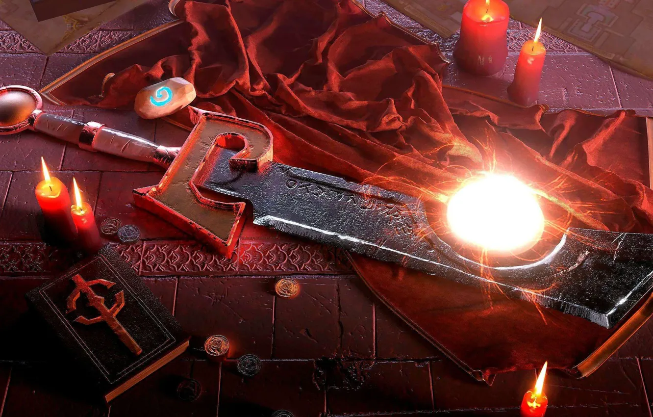 Photo wallpaper weapons, sword, candles, art, fabric, book, coins, WoW