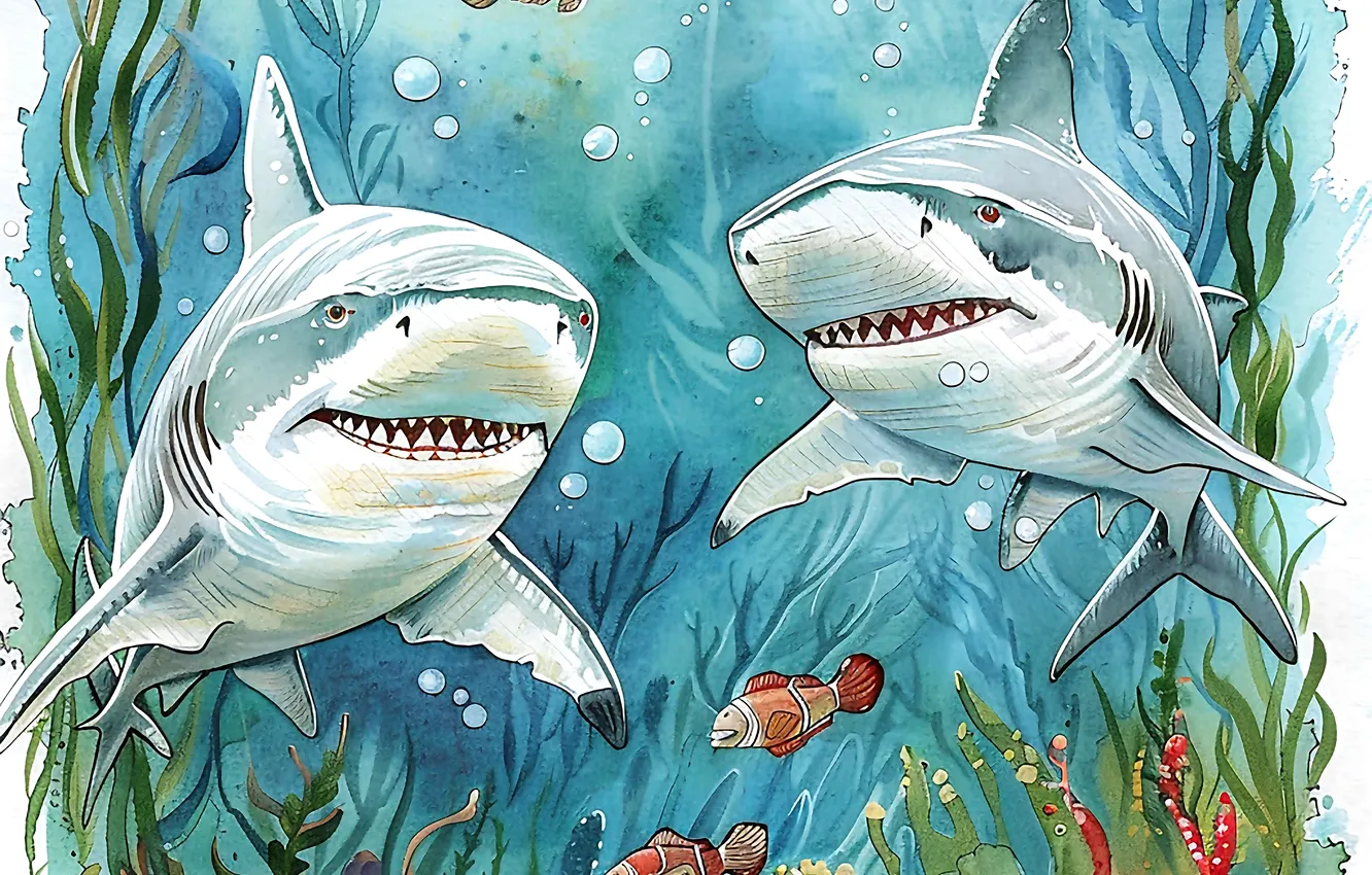 Photo wallpaper algae, predator, shark, two, underwater world, digital art, imitation painting, AI art