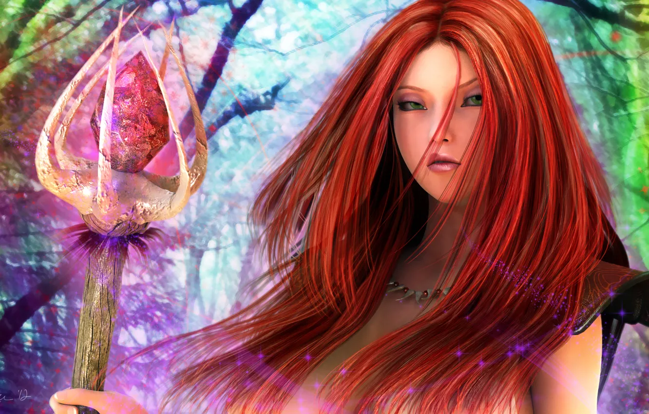 Photo wallpaper girl, magic, fantasy, art, crystals, staff, red