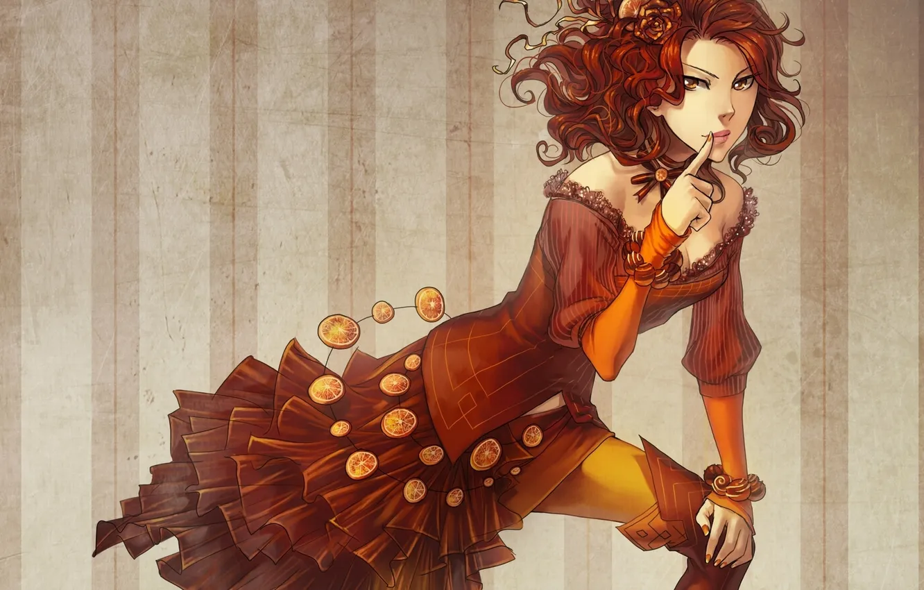 Photo wallpaper girl, orange, dress, neckline, flower in hair, tagme (artist)