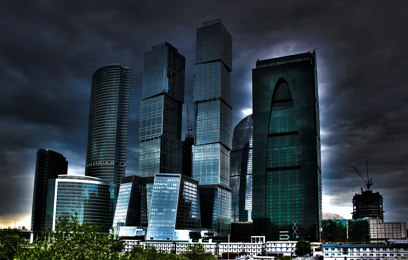 Photo wallpaper glass, construction, building, home, crane, window, skyscrapers