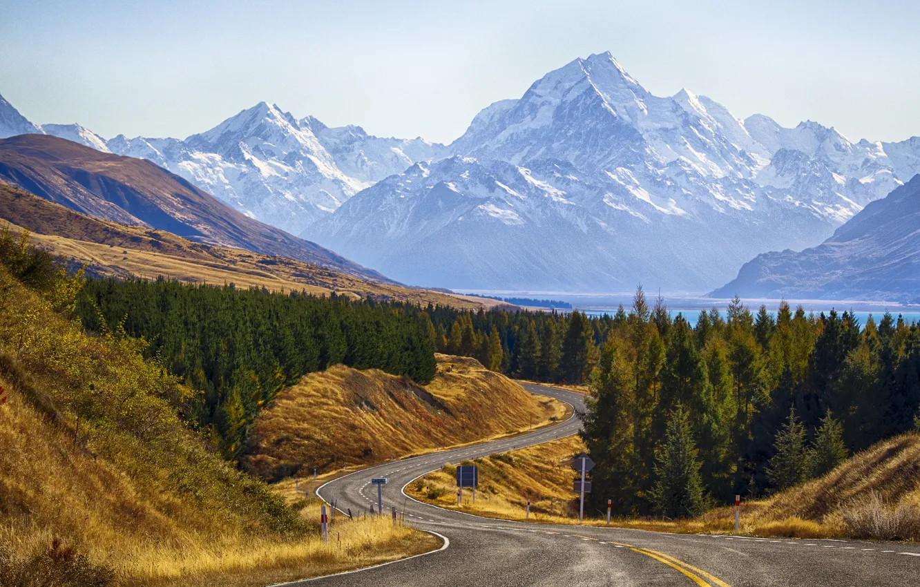 Photo wallpaper road, landscape, mountains, nature, Park, photo, New Zealand, Cook