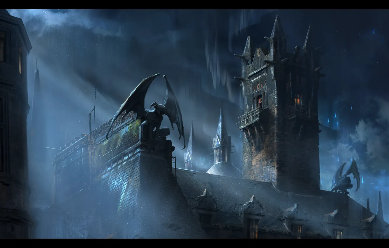 Photo wallpaper roof, night, building, tower, window