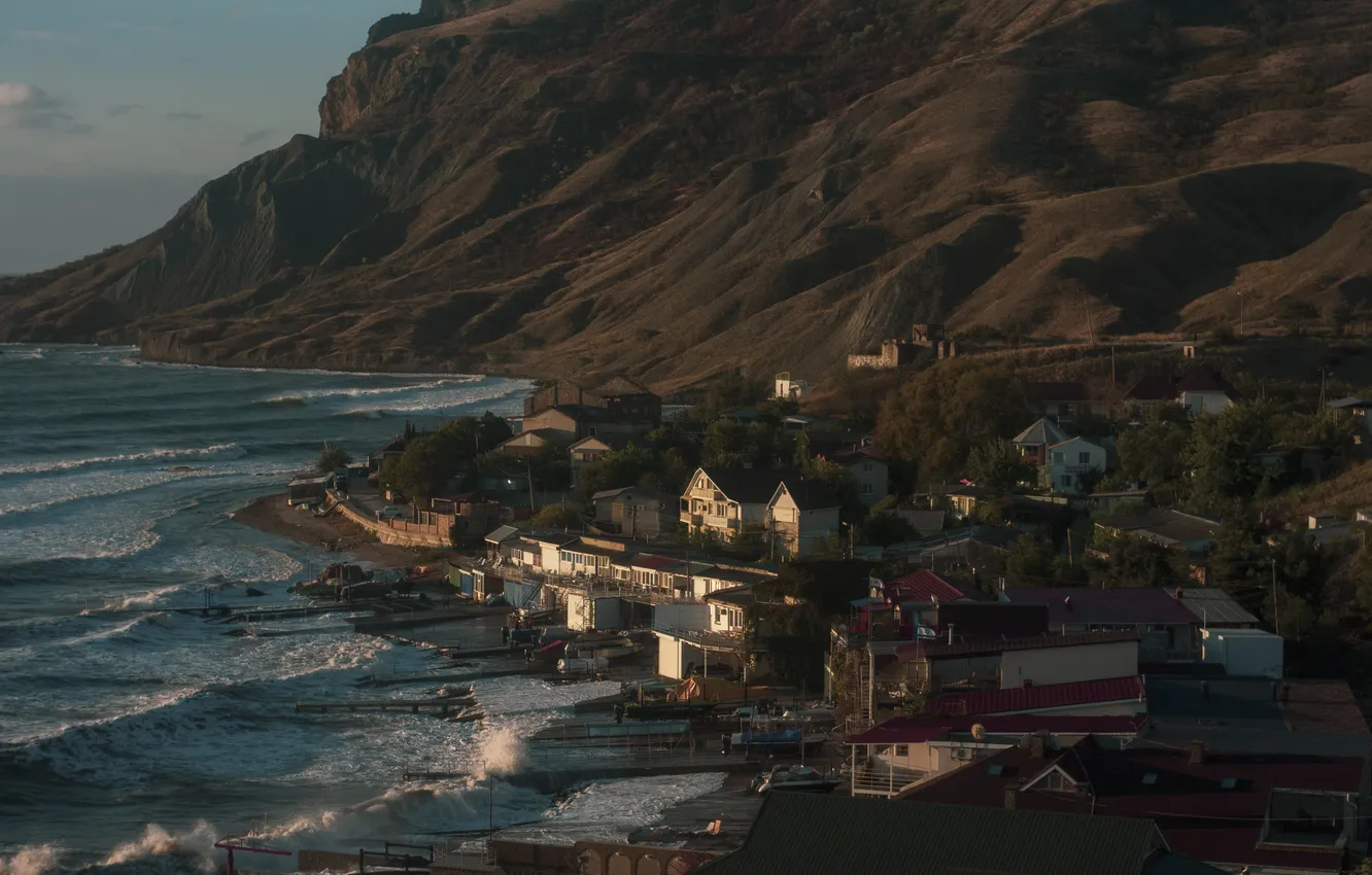 Photo wallpaper sea, mountains, shore, home, pier