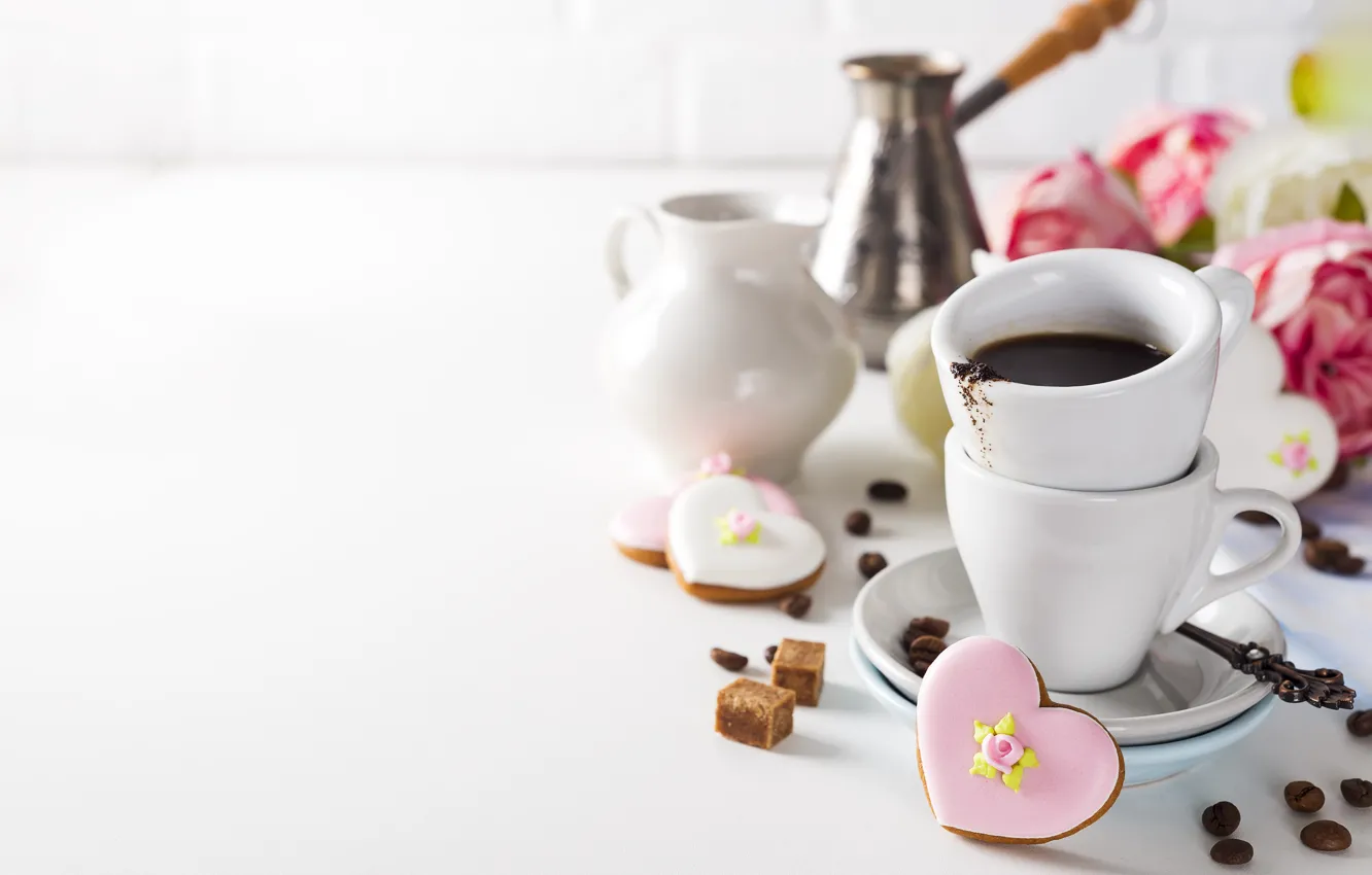 Photo wallpaper coffee, roses, cookies, Cup, hearts, Myfoodie