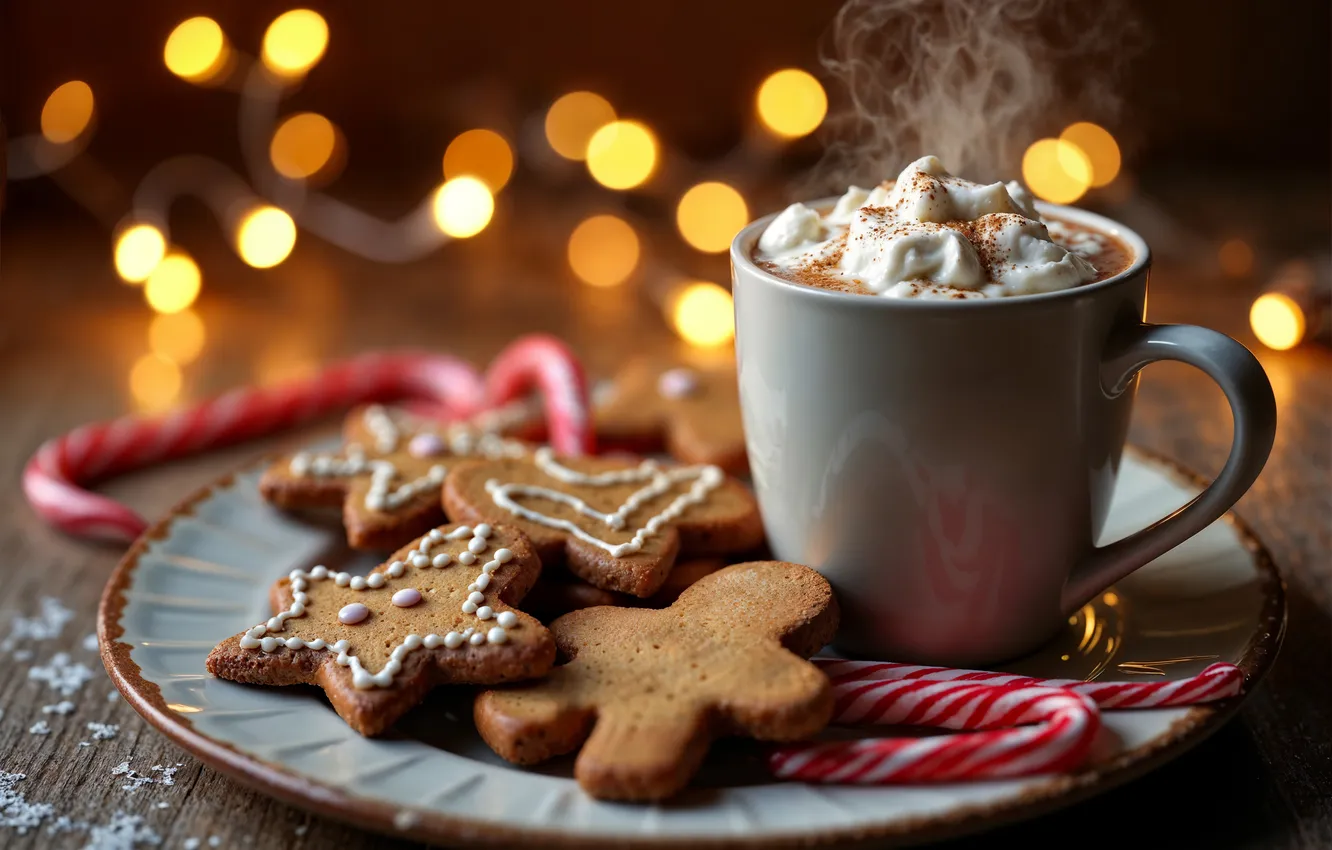 Photo wallpaper decoration, new year, Christmas, mug, Christmas, cup, cocoa, cookies