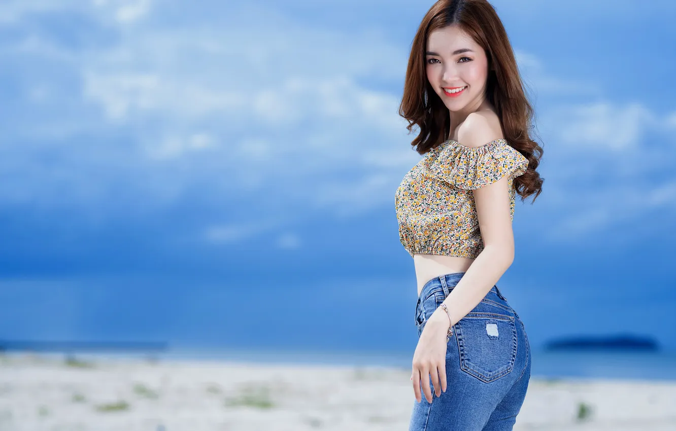 Photo wallpaper girl, smile, jeans, blouse, Asian