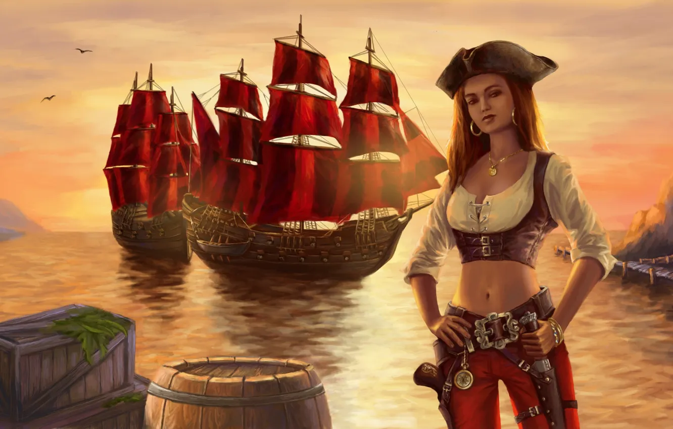 Photo wallpaper girl, sunset, ship, art, pirates