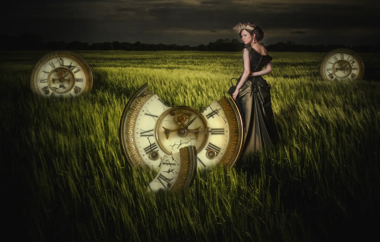 Photo wallpaper field, grass, girl, watch, photoart