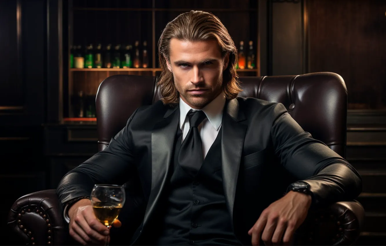 Photo wallpaper rich, portrait, furniture, interior, look, AI art, glass, face