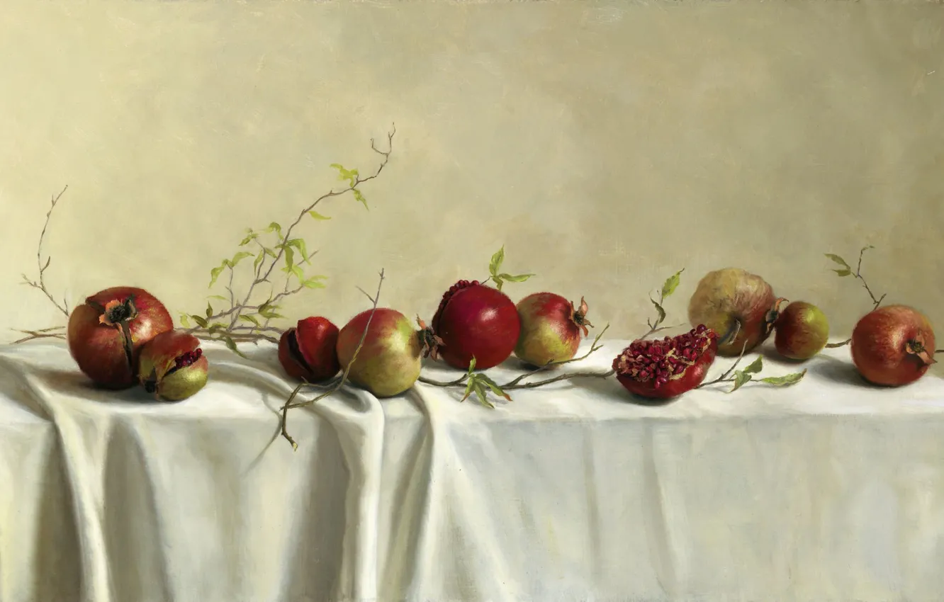 Photo wallpaper leaves, branches, table, picture, art, fruit, still life, tablecloth