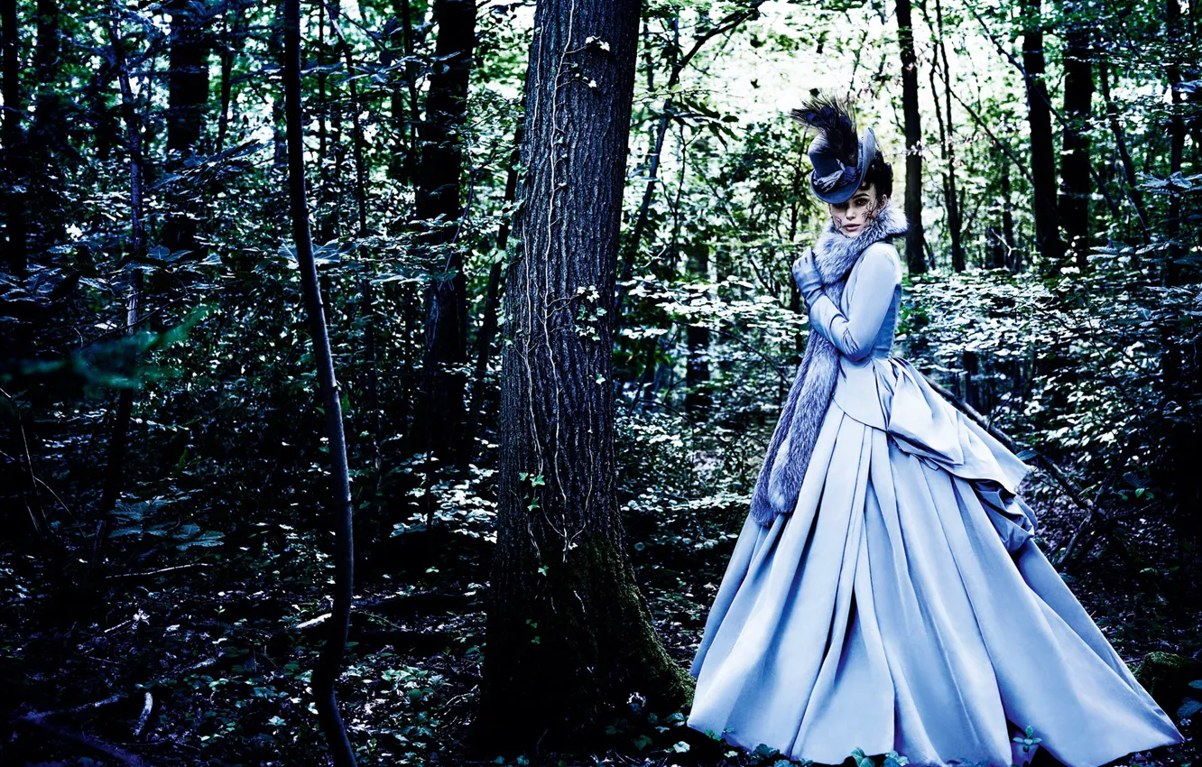 Photo wallpaper forest, girl, hat, dress, actress, fur, Keira Knightley, Keira Knightley