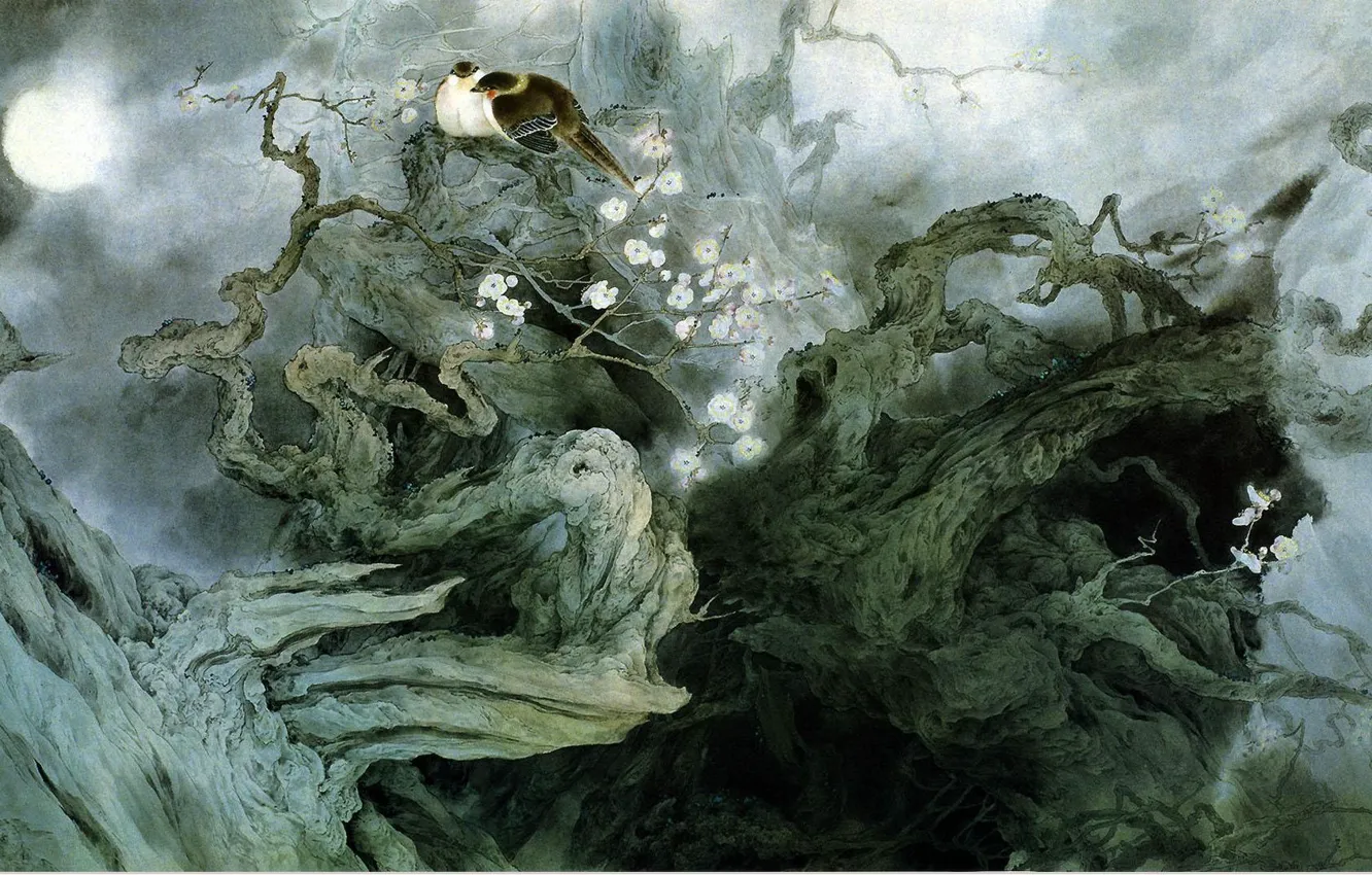 Photo wallpaper trees, flowers, night, branches, fog, bird, the moon, figure