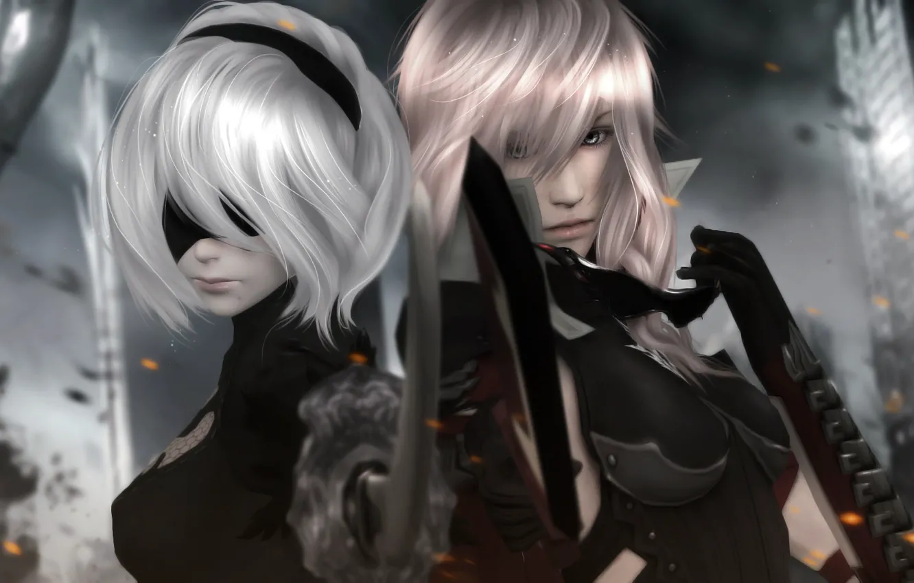 Photo wallpaper girl, the city, weapons, Final Fantasy, Lightning, NieR: Automata, YoRHa No. 2 type B, by …