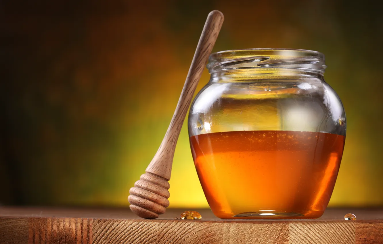 Photo wallpaper droplets, table, honey, jars, honey, honey dipper