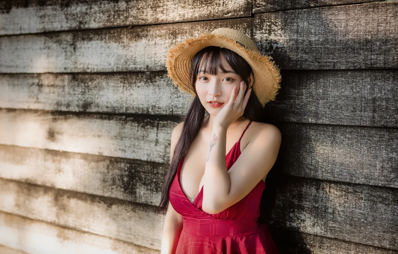 Photo wallpaper look, pose, model, portrait, hat, hands, makeup, dress