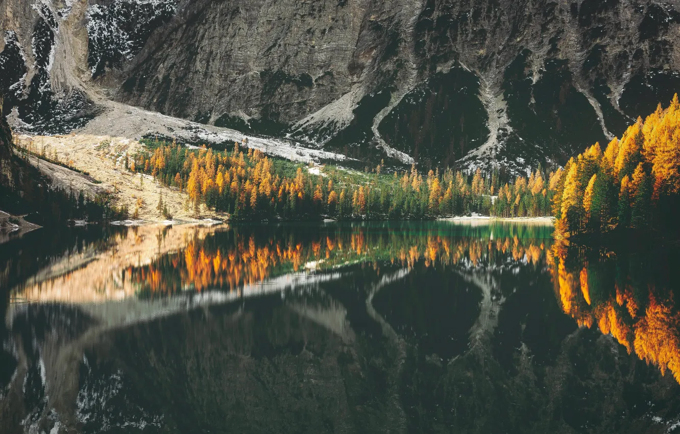Photo wallpaper autumn, forest, snow, mountains, lake, reflection, rocks, shore