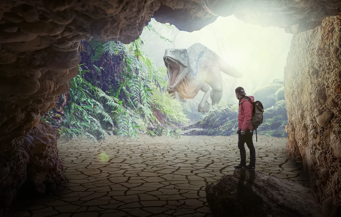 Photo wallpaper dinosaur, cave, Raptor, tourist, the failure in time